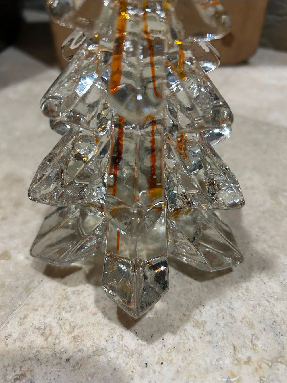 vintage clear art glass Christmas tree figurine with orange stripes - Picture 9 of 12